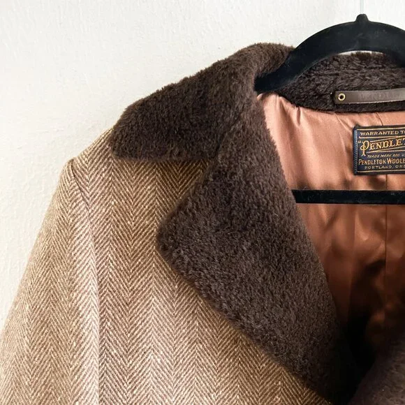 VINTAGE 60s/70s Pendleton Virgin Wool Herringbone Ranch Coat Loomed in Oregon - Picture 2 of 10